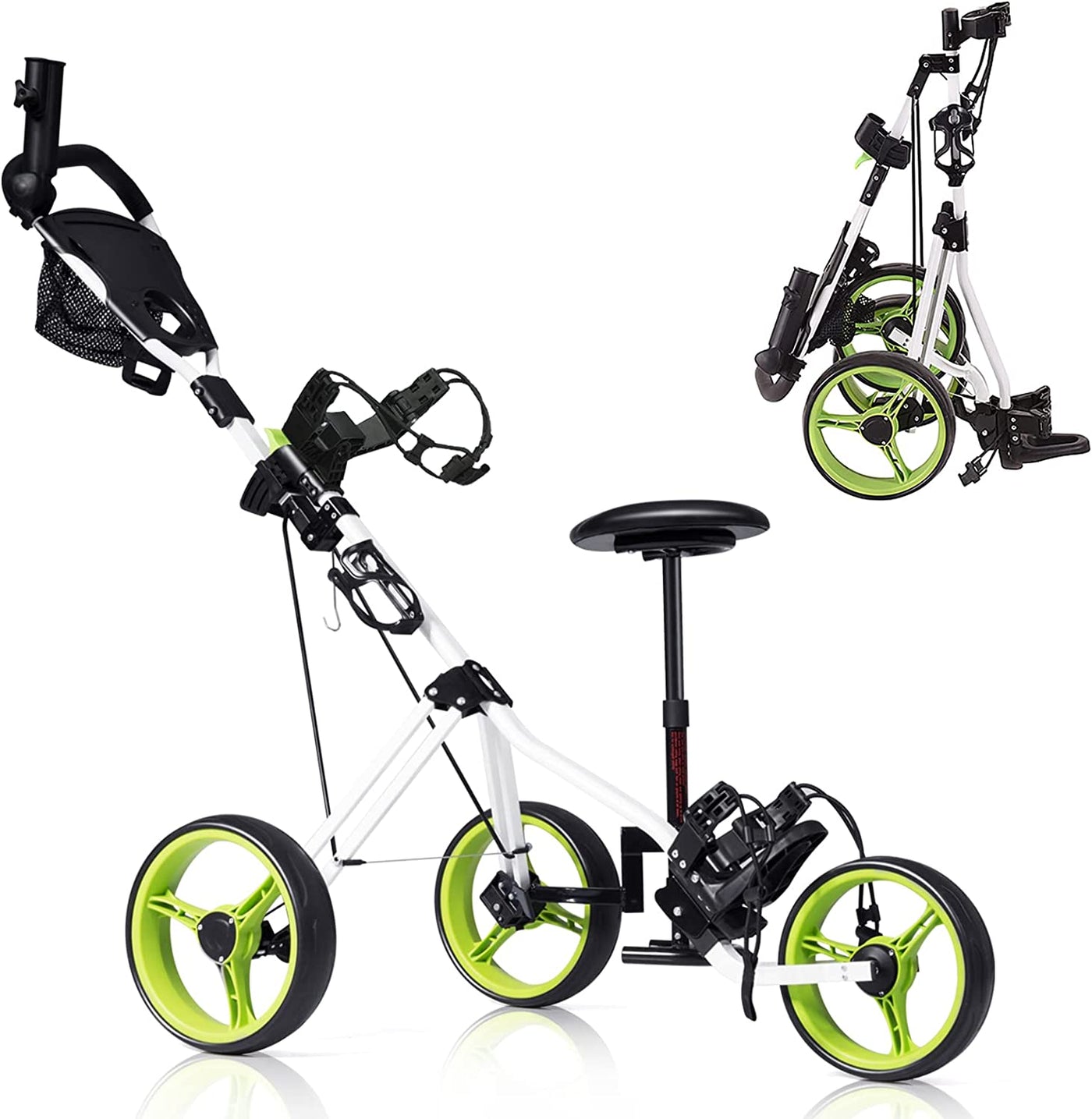 Golf Push Pull Cart with Seat, Lightweight Foldable Collapsible 3 Wheels Golf Walking Push Cart, Lockable Golf Trolley with Scoreboard Bag Foot Brake, Cup & Umbrella Holder Height-Adjustable Handle