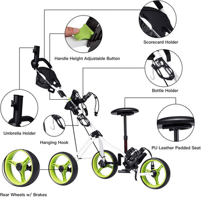 Golf Push Pull Cart with Seat, Lightweight Foldable Collapsible 3 Wheels Golf Walking Push Cart, Lockable Golf Trolley with Scoreboard Bag Foot Brake, Cup & Umbrella Holder Height-Adjustable Handle